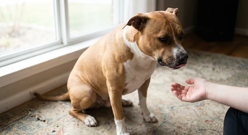 Siedzący amstaff oblizuje pysk na widok wyciągniętej dłoni, wysyłając subtelny sygnał stresu.