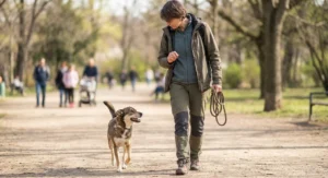Kobieta spaceruje w parku z psem idącym bez smyczy przy jej nodze. W dłoni trzyma zwiniętą smycz.