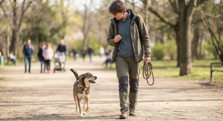 Kobieta spaceruje w parku z psem idącym bez smyczy przy jej nodze. W dłoni trzyma zwiniętą smycz.