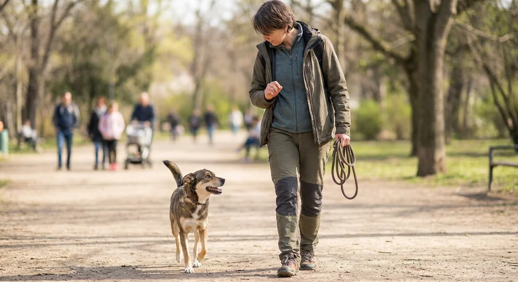 Kobieta spaceruje w parku z psem idącym bez smyczy przy jej nodze. W dłoni trzyma zwiniętą smycz.