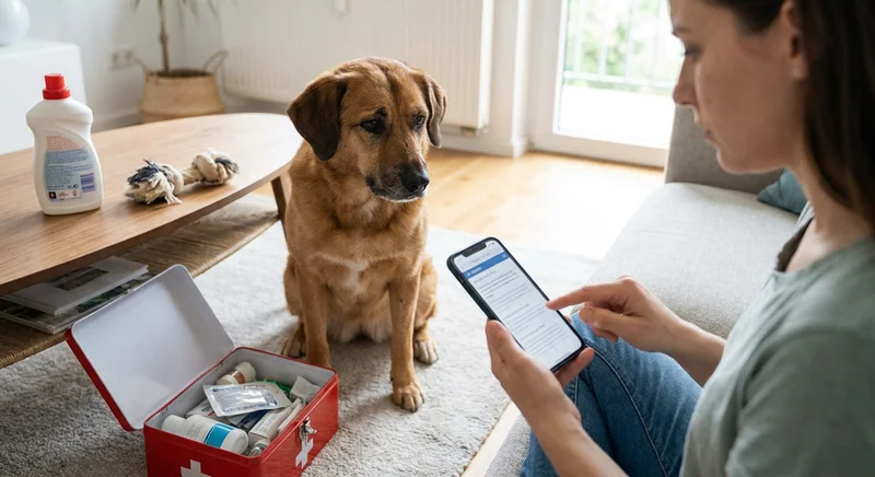 Kobieta szuka w smartfonie porady medycznej dla psa siedzącego obok otwartej apteczki.