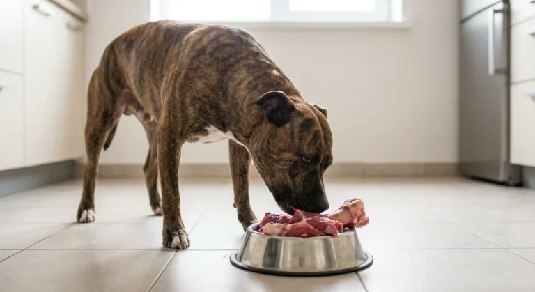 Pręgowany amstaff je surowe mięso z kością z metalowej miski.