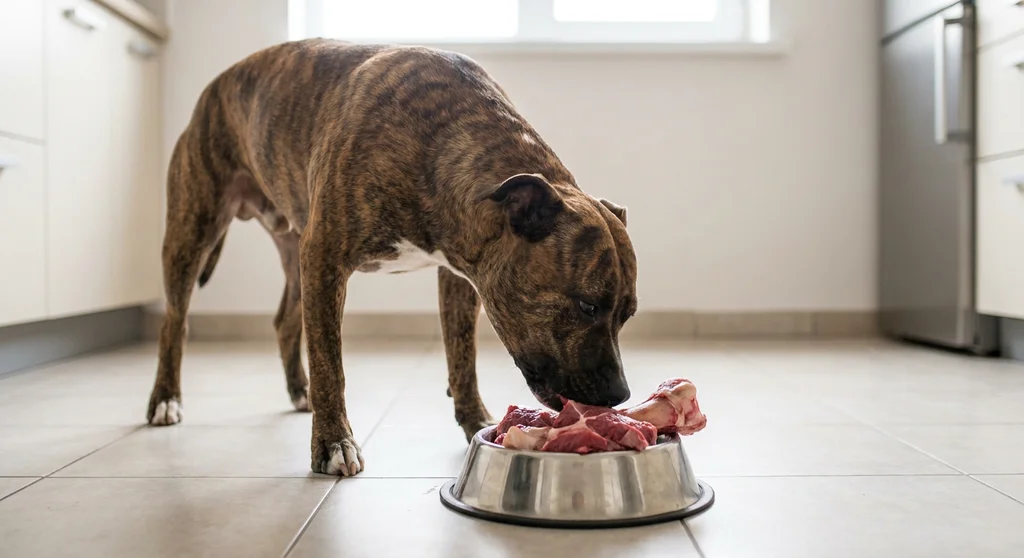 Pręgowany amstaff je surowe mięso z kością z metalowej miski.