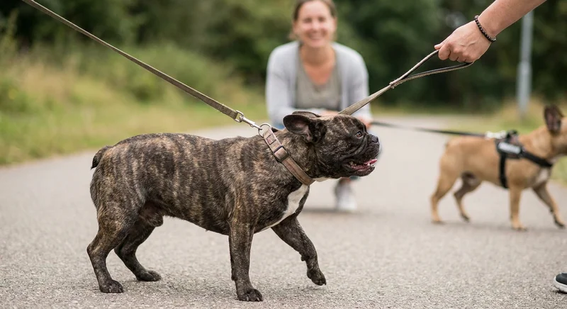 Buldog francuski mocno ciągnący na smyczy przypiętej do obroży, co uciska jego szyję.