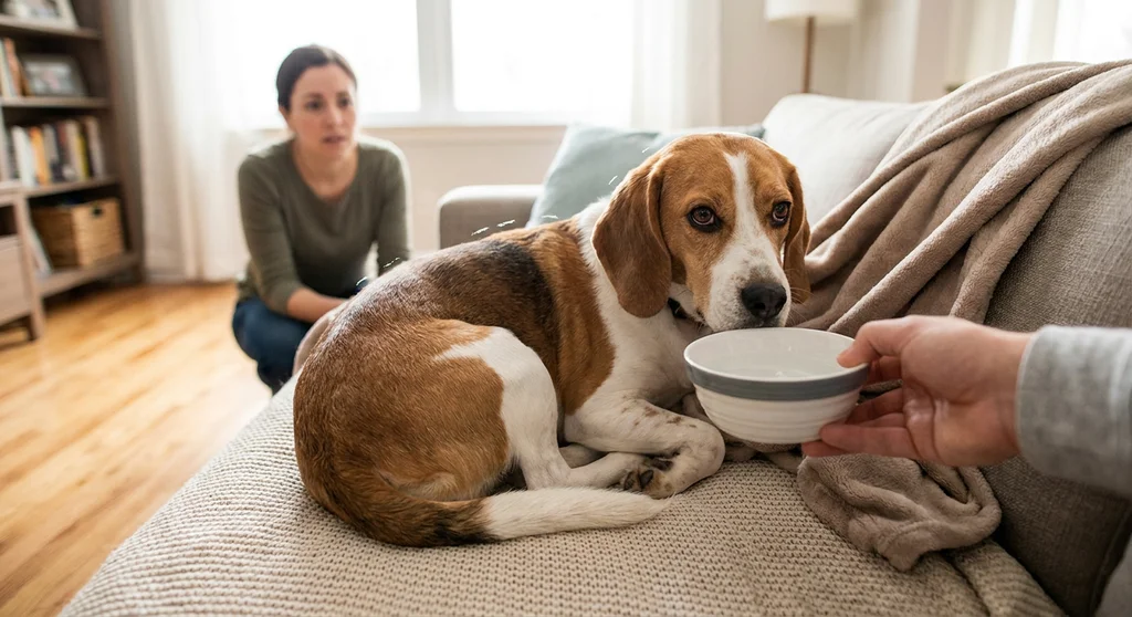 Smutny beagle leży na kanapie, ktoś podaje mu miskę, a w tle czuwa zmartwiona kobieta.