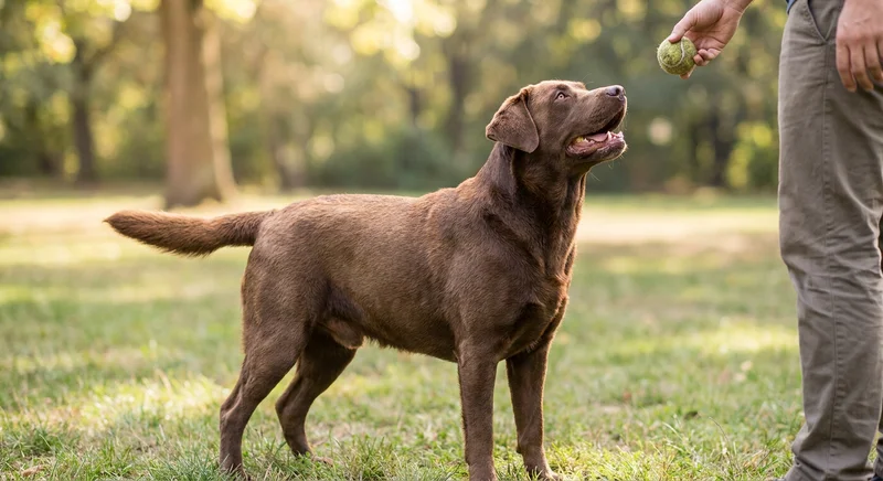 Czekoladowy labrador z ekscytacją wpatruje się w piłkę trzymaną przez człowieka, czekając na jej rzucenie.