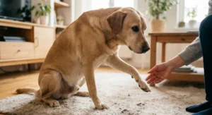 Biszkoptowy labrador ostrożnie unosi przednią łapę w stronę wyciągniętej dłoni człowieka.