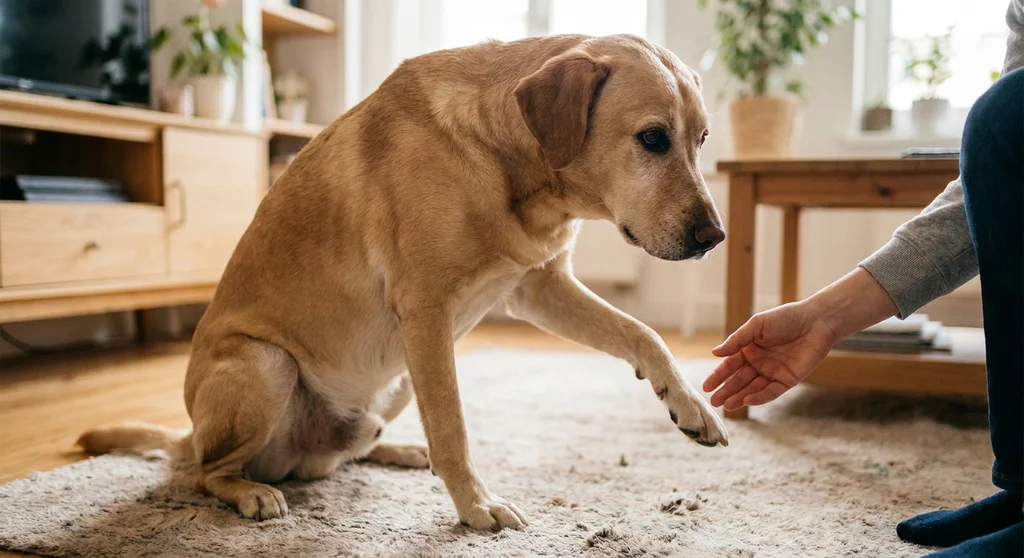 Biszkoptowy labrador ostrożnie unosi przednią łapę w stronę wyciągniętej dłoni człowieka.