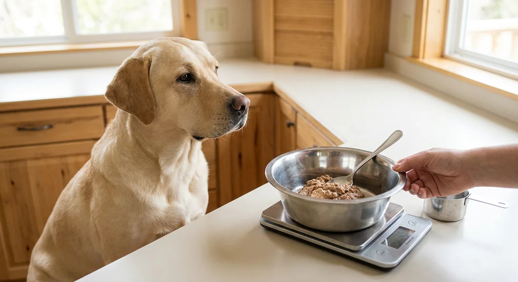 Biszkoptowy labrador przygląda się misce z mokrą karmą stojącej na wadze kuchennej podczas odmierzania porcji.