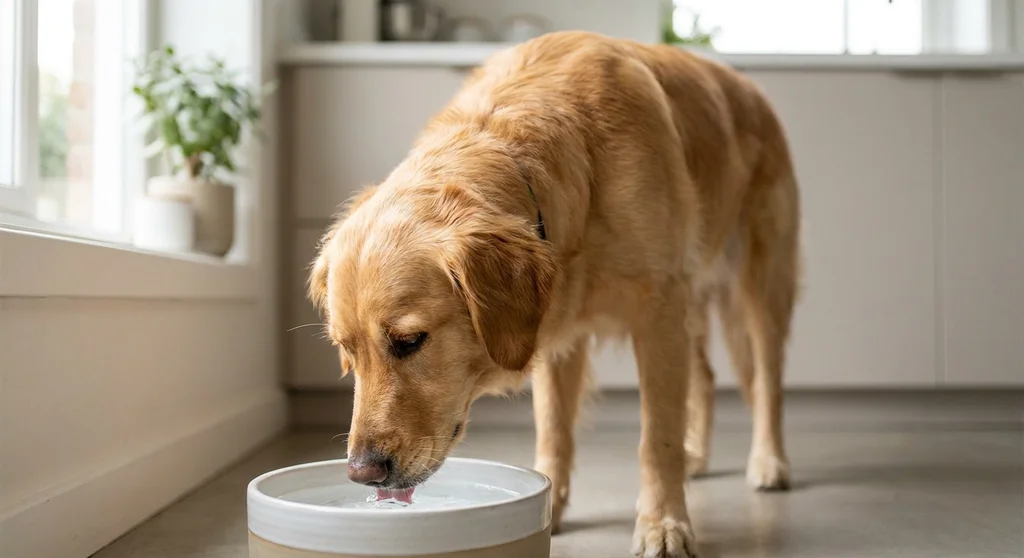 Golden retriever pijący wodę z ceramicznej miski.