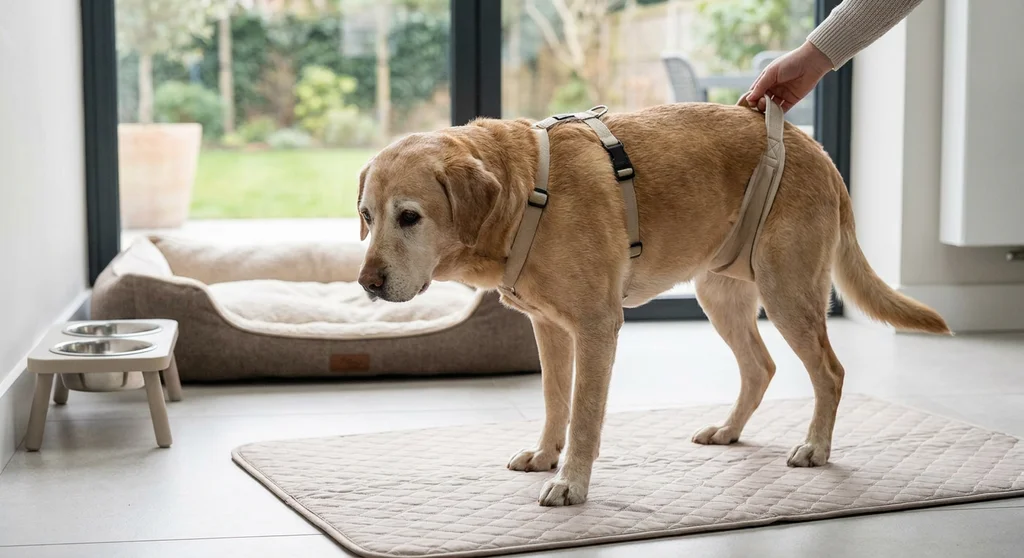 Starszy labrador w uprzęży wspomagającej tylne łapy i biodra, podtrzymywany przez opiekuna.