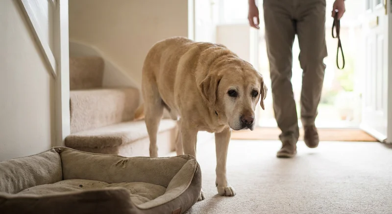 Starszy, biszkoptowy labrador o smutnym spojrzeniu stoi ociężale w korytarzu obok legowiska.