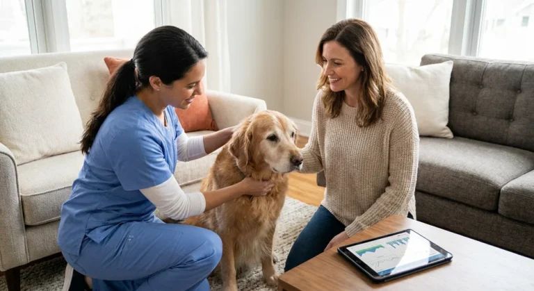 Weterynarz bada golden retrievera przy właścicielce. Obok leży tablet z wykresami monitorującymi stan zdrowia.