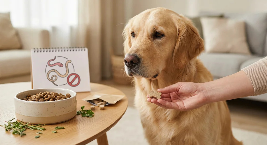 Golden retriever spogląda na dłoń z tabletką na odrobaczanie, obok stoi rysunek z przekreślonymi robakami.