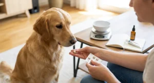 Kobieta podaje psu rasy golden retriever tabletkę wyjętą z blistra.