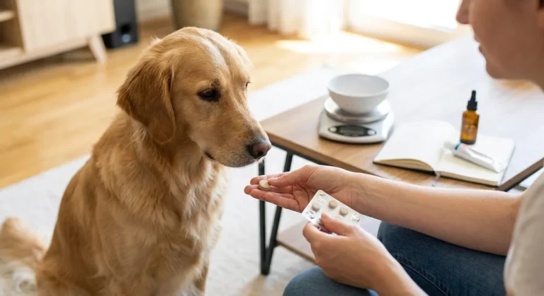 Kobieta podaje psu rasy golden retriever tabletkę wyjętą z blistra.