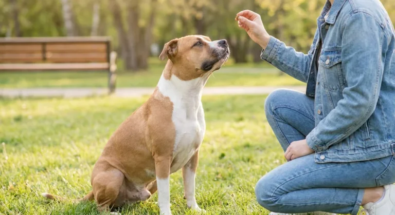Siedzący na trawie amstaff patrzy z uwagą na smakołyk trzymany w dłoni klęczącego przed nim opiekuna.