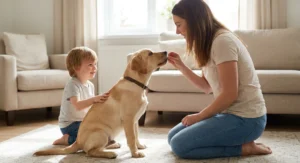 Kobieta nagradza smakołykiem siedzącego spokojnie labradora, którego głaszcze mały chłopiec.