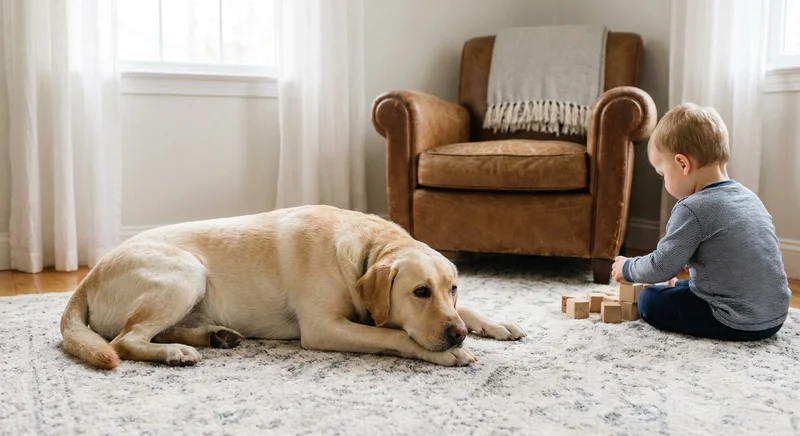 Biszkoptowy labrador leży spokojnie na dywanie obok bawiącego się klockami malucha.