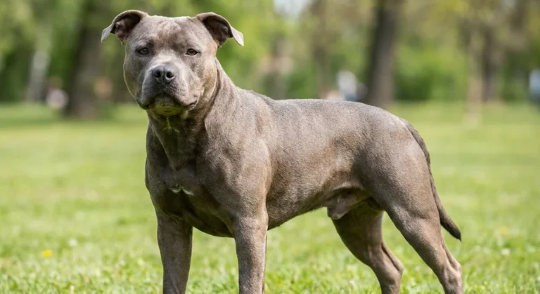 Szary, mocno umięśniony amstaff o szerokiej głowie stojący na zielonej trawie.