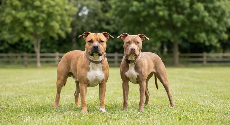 Amerykański staffordshire terrier (po lewej) i amerykański pitbull terrier (po prawej) stojące na trawie.