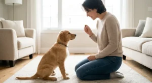 Kobieta klęczy przed siedzącym szczeniakiem golden retrievera i trzyma smakołyk podczas domowego szkolenia.