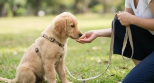 Szczeniak golden retrievera nagradzany smakołykiem z dłoni opiekuna podczas treningu na trawie.