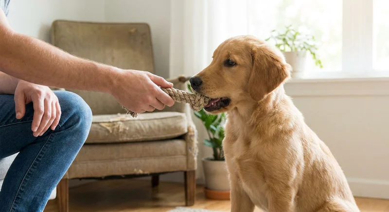 Szczeniak golden retrievera gryzie sznurkową zabawkę trzymaną przez człowieka.