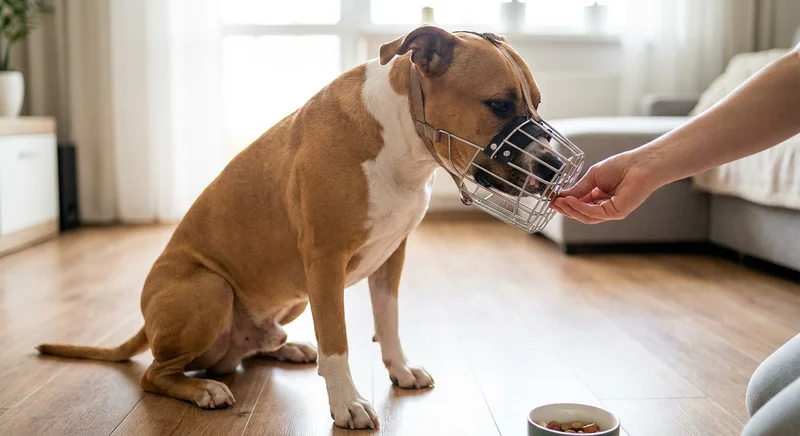 Amstaff w metalowym kagańcu fizjologicznym zjada smakołyk podawany bezpośrednio z ręki.