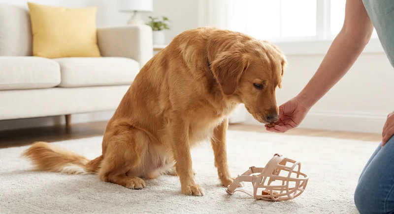 Golden retriever dostaje smakołyk z ręki opiekuna, na dywanie leży beżowy kaganiec fizjologiczny.