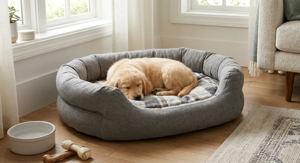 Śpiący szczeniak golden retrievera w przytulnym, szarym legowisku z wysokimi bokami.