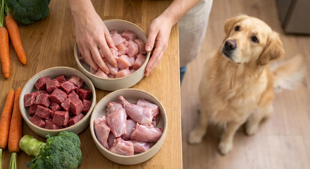 Trzy miski z surowym indykiem, wołowiną i królikiem na stole obok siedzącego golden retrievera.