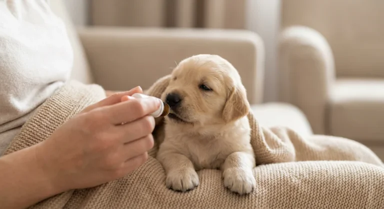 Osoba podaje płynny lek bezpośrednio do pyszczka małego szczeniaka rasy golden retriever.