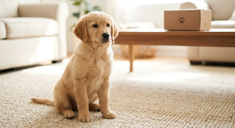 Szczeniak golden retrievera siedzący na jasnym dywanie w salonie.