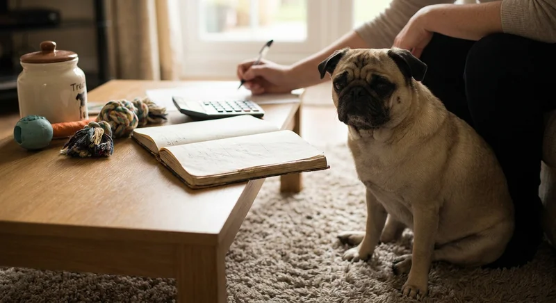 Mops siedzący obok osoby podliczającej wydatki na kalkulatorze i w notesie.