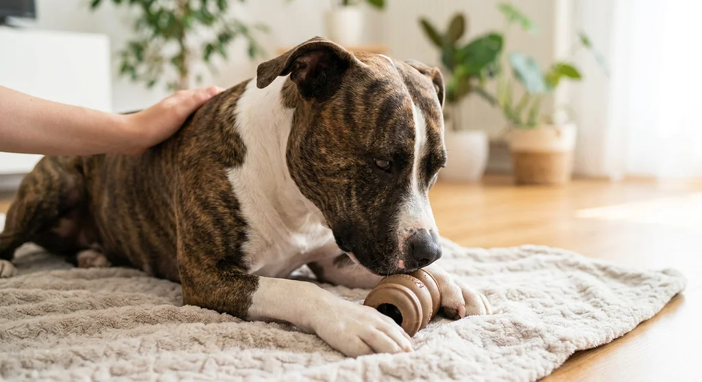 Pręgowany amstaff leży na kocu, gryząc gumową zabawkę, i jest łagodnie głaskany po grzbiecie przez opiekuna.