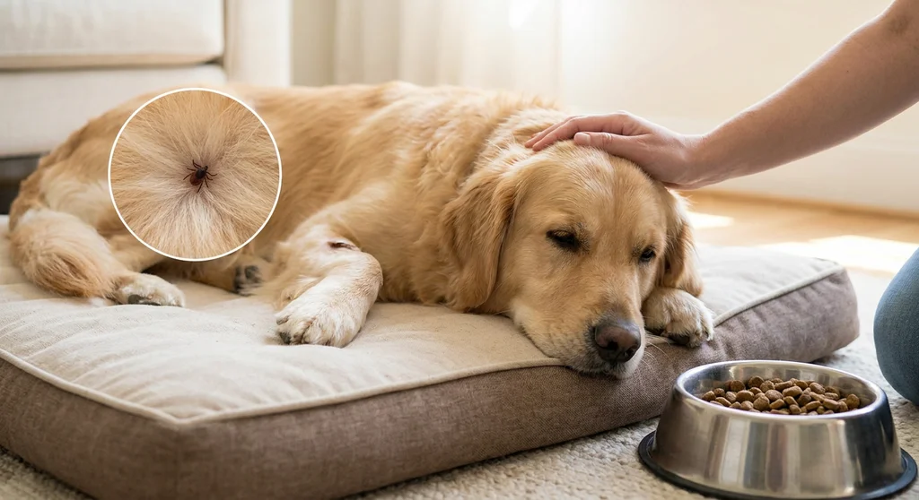 Apatyczny golden retriever leży przy pełnej misce. W okrągłym zbliżeniu widać kleszcza wczepionego w jego sierść.