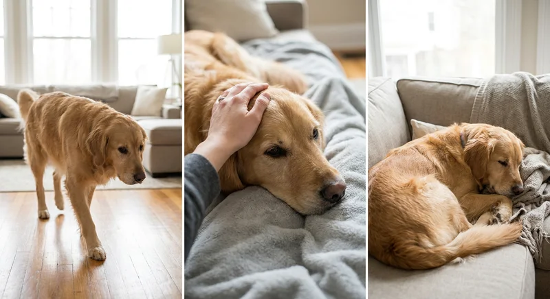 Osłabiony golden retriever w trzech ujęciach: idzie ze spuszczoną głową, leży smutny i śpi zwinięty na kanapie.