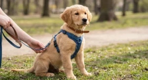 Szczeniak golden retrievera w brązowej obroży i niebieskich szelkach przypiętych do smyczy.