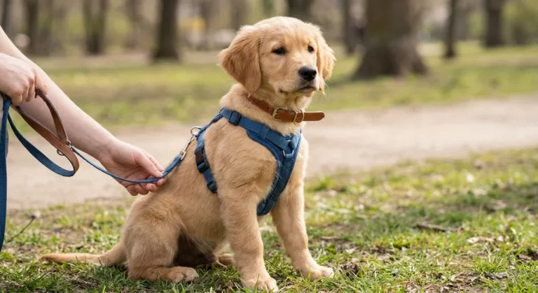 Szczeniak golden retrievera w brązowej obroży i niebieskich szelkach przypiętych do smyczy.
