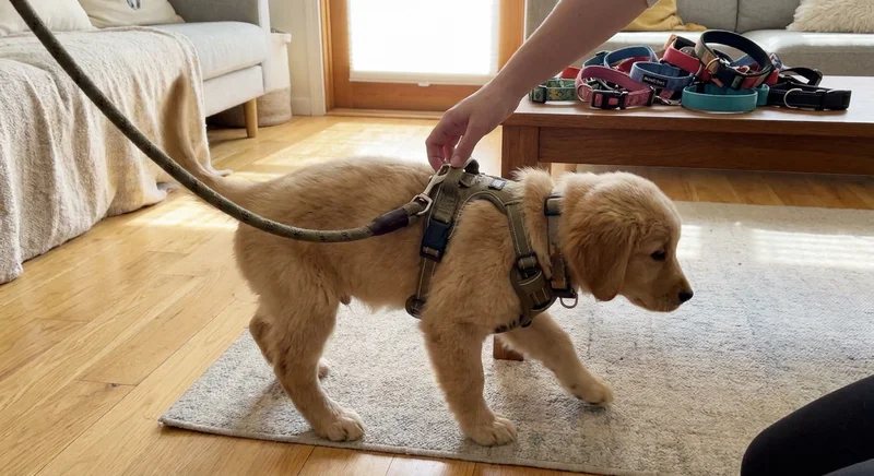 Szczeniak golden retrievera w szelkach i obroży, z ręką sprawdzającą dopasowanie uprzęży.