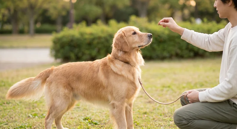 Golden retriever stoi na trawie i uważnie patrzy na smakołyk trzymany w dłoni klęczącego człowieka.