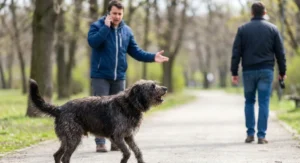 Agresywny, szczekający pies bez smyczy w parku. W tle zaniepokojony mężczyzna dzwoniący przez telefon.