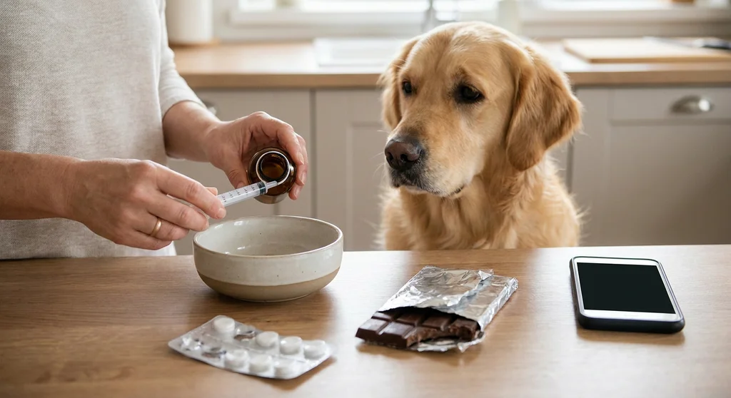 Kobieta odmierza strzykawką płyn. Na stole leżą czekolada i tabletki, obok przygląda się golden retriever.