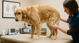 Lekarka weterynarii bada stawy tylnej łapy golden retrievera stojącego na stole diagnostycznym.