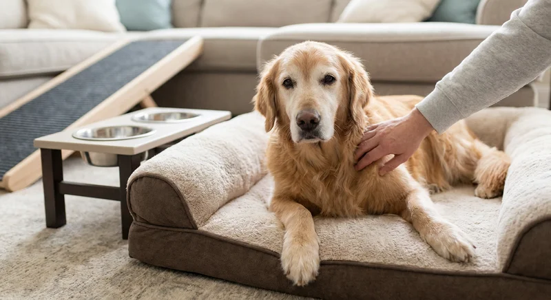 Starszy golden retriever na legowisku ortopedycznym obok rampy i podwyższonych misek, głaskany przez opiekuna.