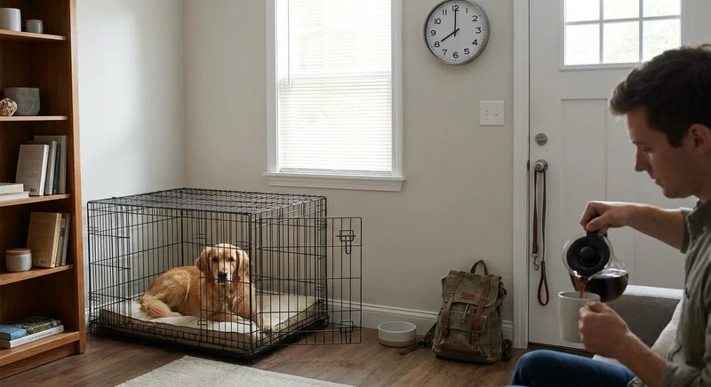 Zrelaksowany golden retriever w otwartej klatce kennelowej obok mężczyzny nalewającego poranną kawę.