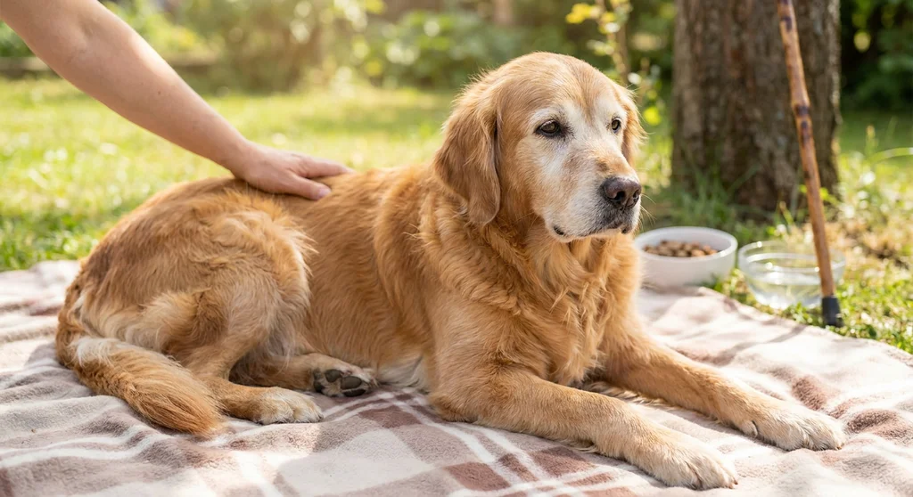 Starszy, siwy golden retriever leży na kocu w ogrodzie, głaskany przez opiekuna.