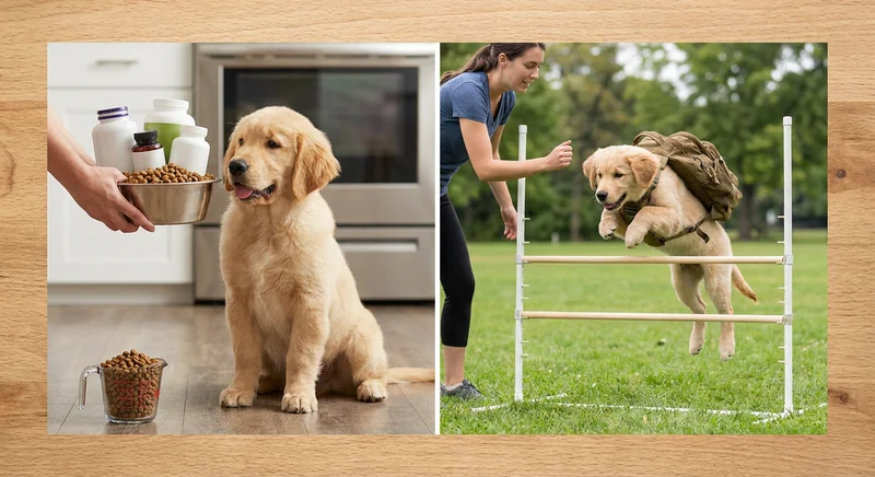 Szczeniak golden retrievera: z lewej miska z suplementami, z prawej skok przez płotek w ciężkim plecaku.