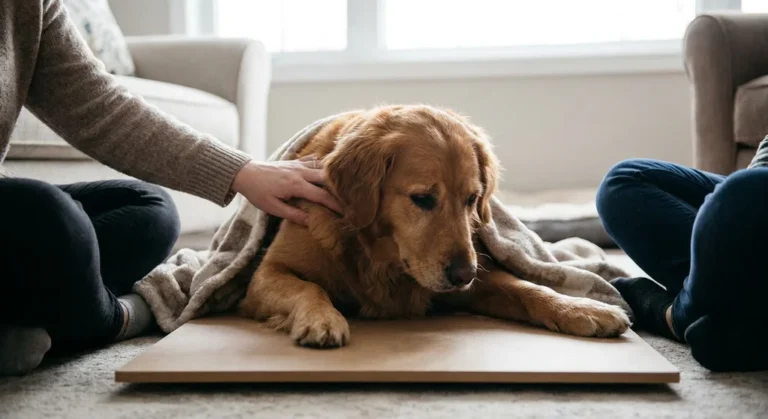 Golden retriever leży na sztywnej, płaskiej płycie pod kocem, delikatnie podtrzymywany przez ludzi.